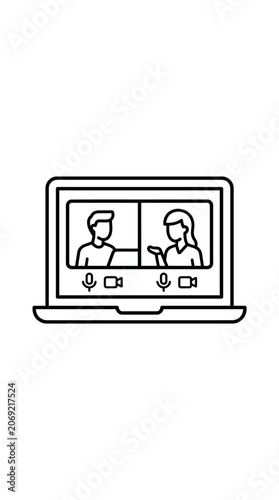 A simple black and white line art illustration of a laptop screen showing a video conference call.