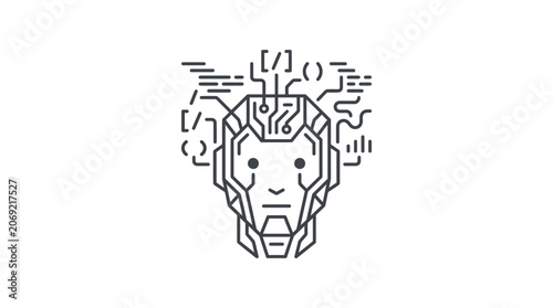 Minimalist line art illustration of a robotic head with digital circuit patterns and programming code symbols.