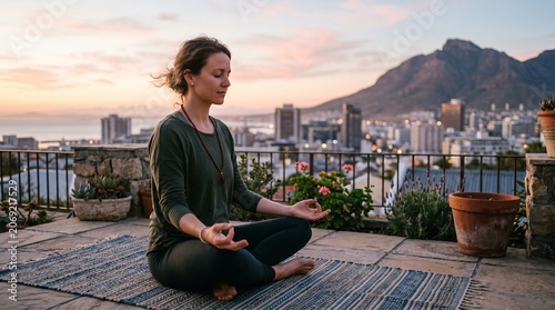 Obraz na płótnie Woman meditating on a rooftop terrace overlooking a city at sunset