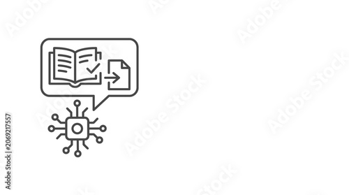A line art icon representing artificial intelligence processing information from a book into a document.