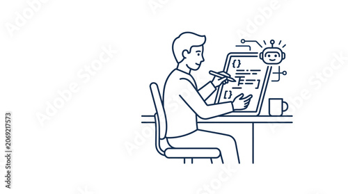A young programmer working on code with an artificial intelligence assistant.