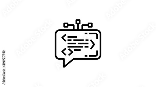 A minimalist black and white line art icon representing coding and artificial intelligence communication.