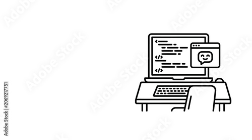 A simple black and white line art illustration of a computer workstation with coding software and a chat bubble icon.