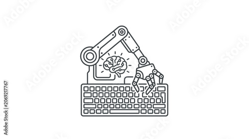 A robotic arm interacting with a computer keyboard and a digital brain icon.