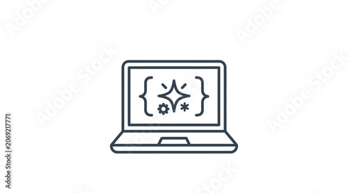 A minimalist line art icon of a laptop computer featuring a sparkling code symbol on the screen.