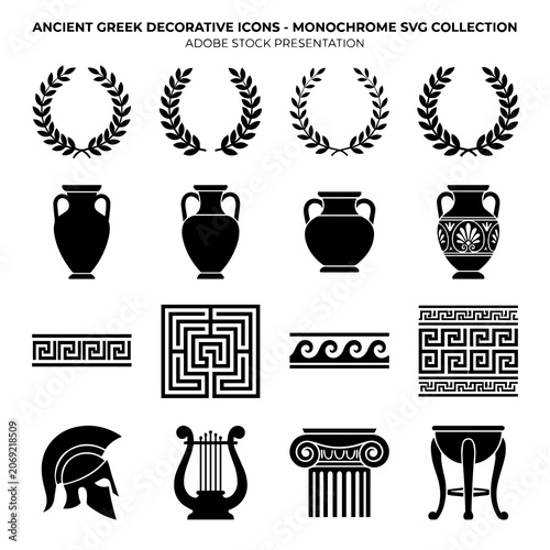 Foto Collection of ancient greek decorative featuring laurel wreaths, amphora vases,