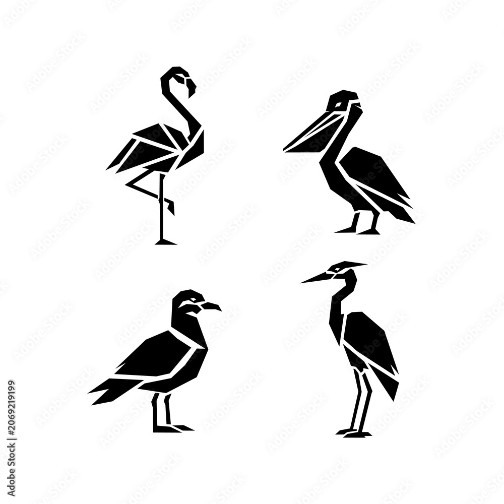 Obraz premium Flamingo, pelican, seagull, and heron minimalist geometric bird vector set