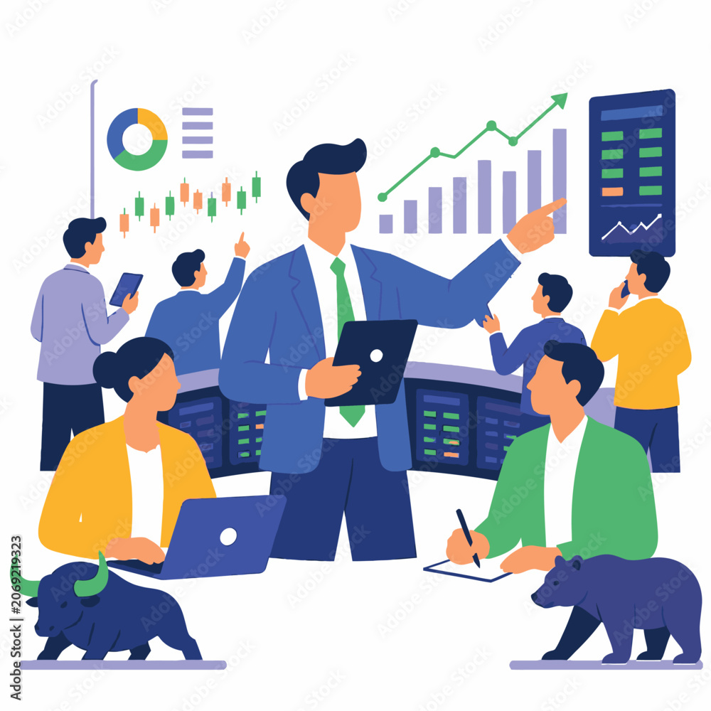 Naklejka premium Professional business team analyzing financial stock market data and growth charts.