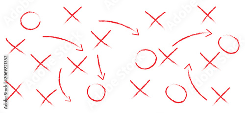Schilderij op canvas Hand drawn football plays vector illustration featuring soccer game strategy tactics with X and O scheme symbols