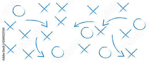 Photos Hand drawn football plays vector illustration featuring soccer game strategy tactics with X and O scheme symbols and dashed arrows for coach chalkboard design