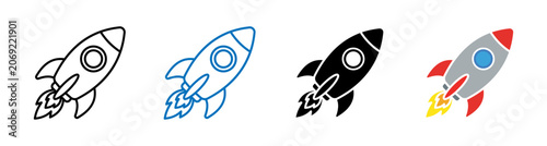 Tablou pe pânză Set of launching rocket icons in color black and outline styles, startup launch