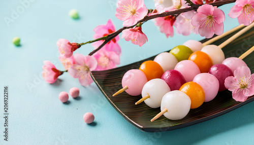 Colorful Dango Skewers With Cherry Blossoms For Hanami Celebration