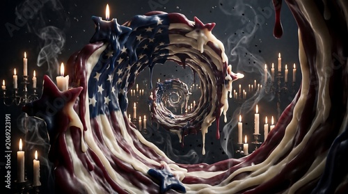 Surreal melting American flag wax spiral with burning candles in dark gothic room