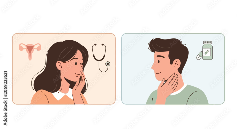 Fototapeta premium Doctor consultation for women's health and male throat issues, telemedicine concept