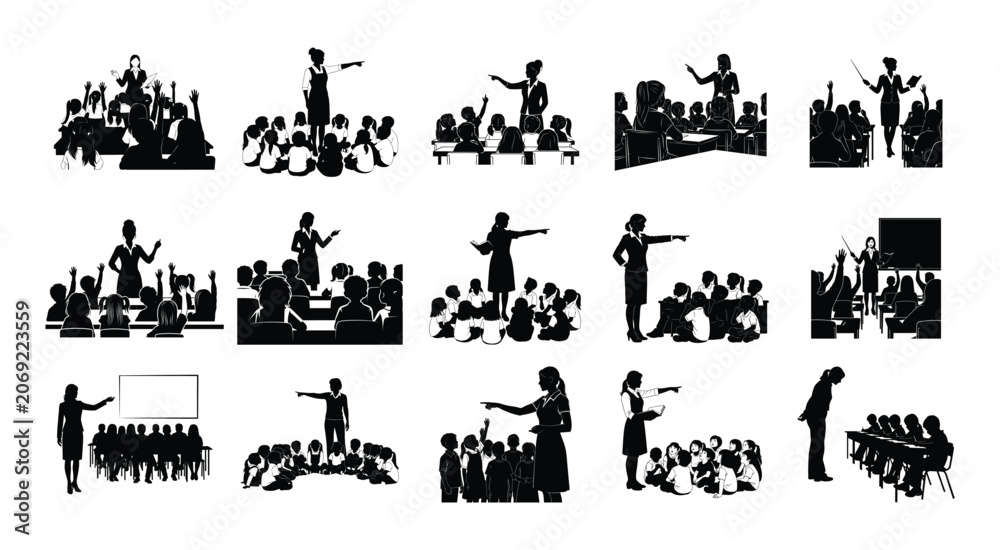 Obraz premium Teacher Classroom Silhouette Collection On White Background academic adult black