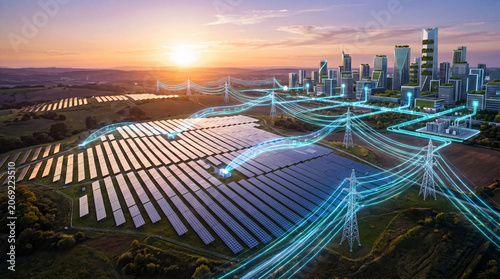 Aerial view solar panel power grid renewable energy city skyline sunrise energy storage electricity network clean power sustainable city