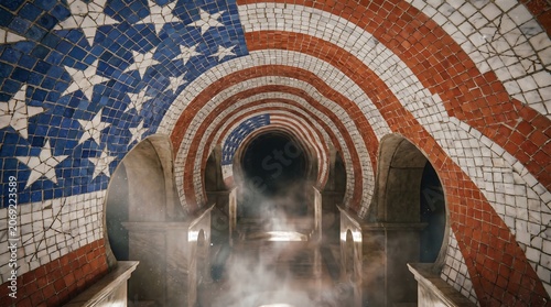 American flag pattern tile tunnel with mysterious fog at subway entrance