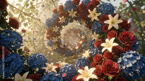 Spiral tunnel of patriotic red, white, and blue flowers in a dreamy garden setting