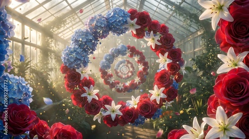 Vibrant floral spiral of red roses, blue hydrangeas, white lilies in a sunlit greenhouse.