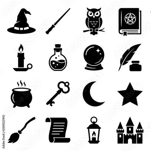 Canvastavla Collection of sixteen black silhouette representing magic, fantasy, witchcraft,