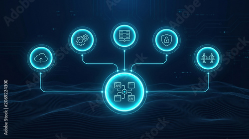 The digital infographic with a glowing cyan nodes and data lines, illustrating a systematic and organized DevOps engineer workflow setup.