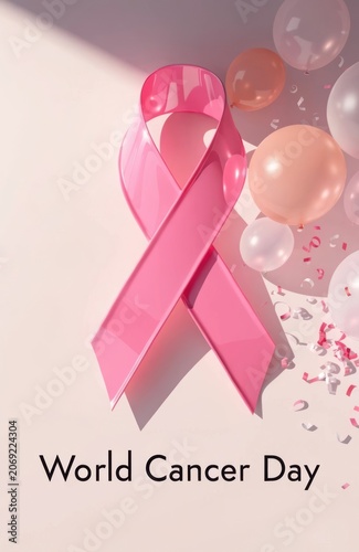 Pink Ribbon Symbol with Balloons for World Cancer Day Awareness and Support Campaign