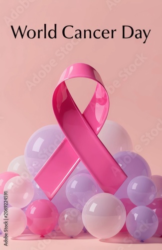 Colorful Balloons and Pink Ribbon Display for World Cancer Day Celebration Awareness Event