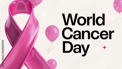 Awareness and Hope: Celebrating World Cancer Day with Pink Ribbon and Balloons