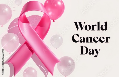 Awareness Campaign for World Cancer Day with Pink Ribbon and Balloons Background