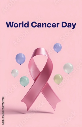 World Cancer Day Celebration with Pink Ribbon and Colorful Balloons on Soft Pink Background