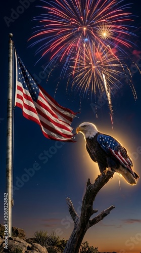 Patriotic American bald eagle and USA flag under fireworks at night.