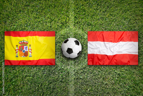 Spain vs. Austria flags on soccer field or football field