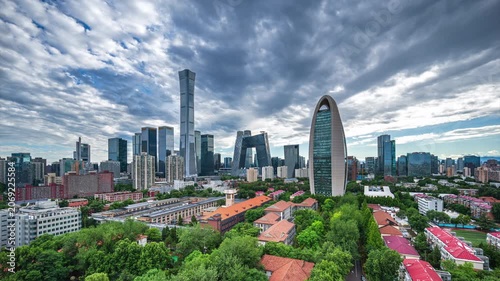 Real shot of Beijing's landmark buildings, bustling cityscape, business and financial district.