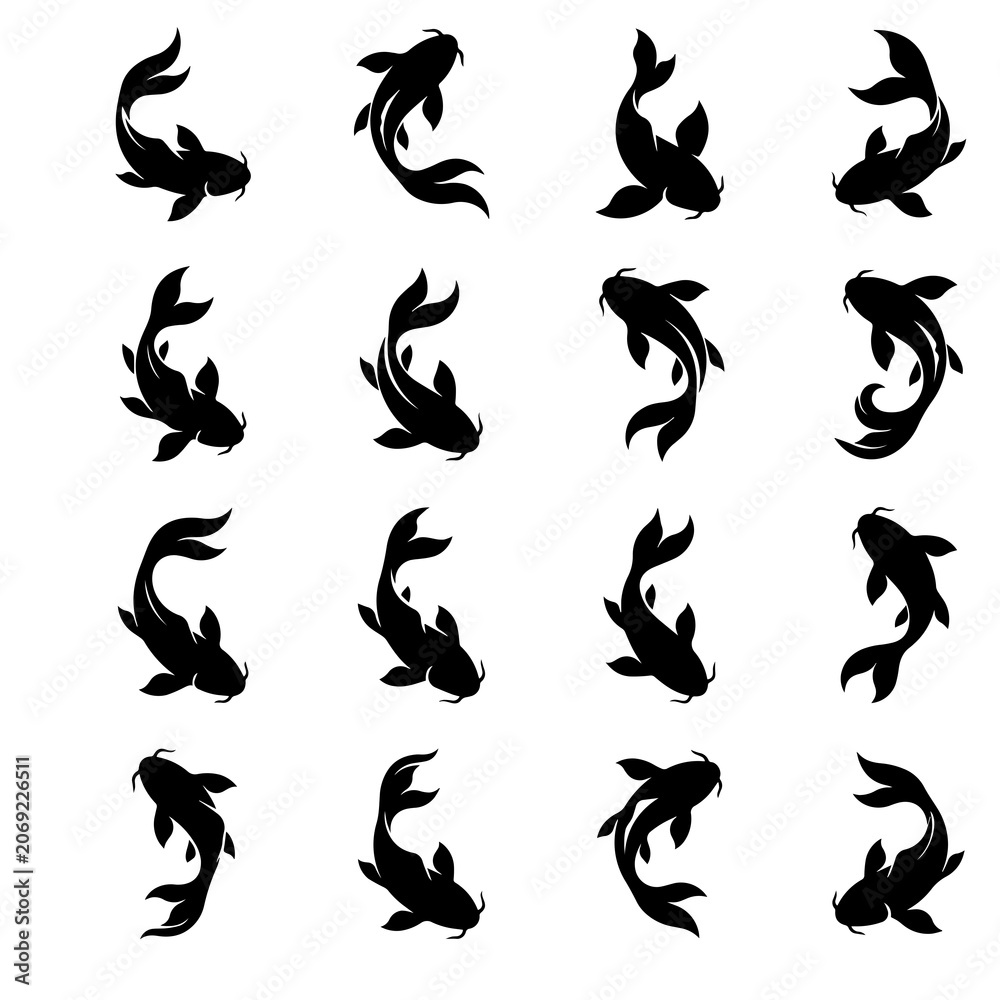 Obraz premium Sixteen black silhouette koi fish displayed in a grid, showing diverse swimming postures and flowing fins isolated on a white background