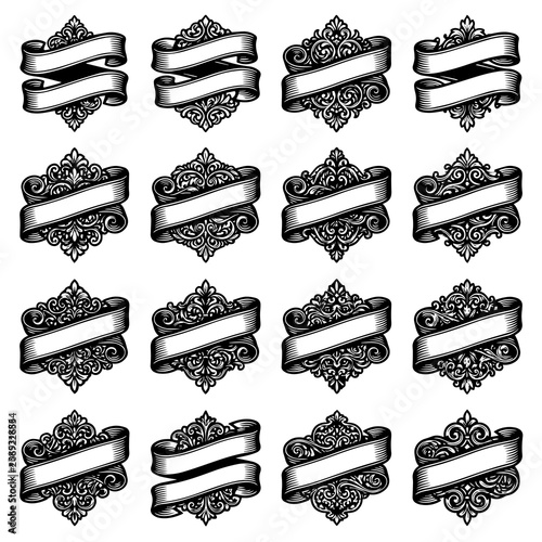 Obraz na plátně Sixteen ornate decorative ribbon banners with elaborate floral scrollwork and vi