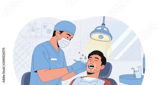 Dentist examining patient's teeth in modern clinic, illustration
