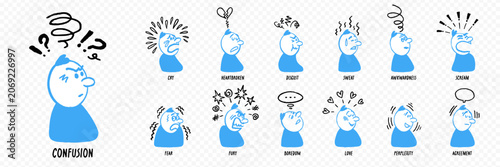 Comic character expression set with doodle style faces and motion effects sho...