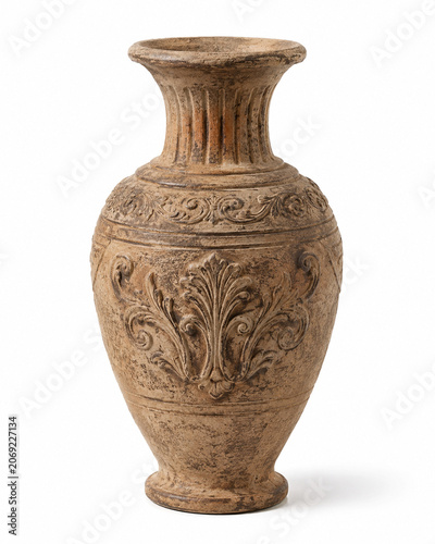 Antique Terracotta Clay Vase Isolated on Clean White Background