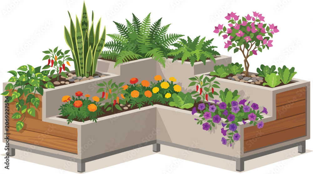 Fototapeta premium Composition of different plants and flowers in a trendy outdoor urban planter vector art in a white background