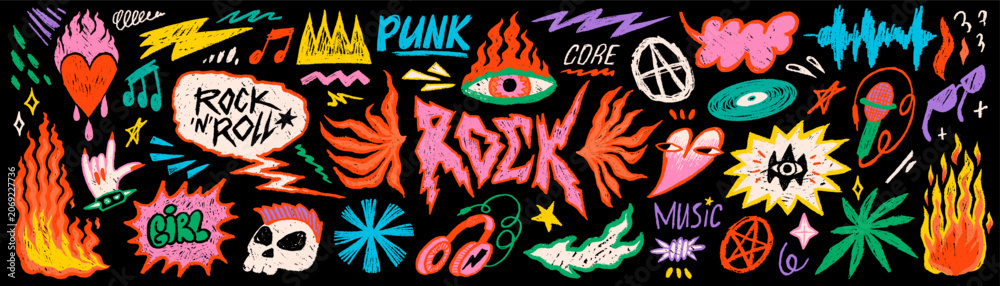 Obraz premium Rock punk doodle sticker set with music symbols, fire, headphones and scribble elements in colorful funky crayon style on black background. Punk rock graphics for posters and merch