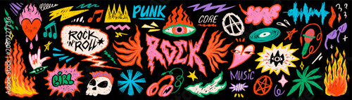 Tableau sur toile Rock punk doodle sticker set with music symbols, fire, headphones and scribble elements in colorful funky crayon style on black background