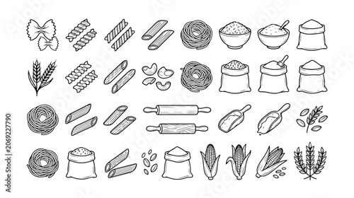 Bild auf Leinwand Set of 35 Pasta, Flour, and Grain Hand-Drawn Outline Icons Vector