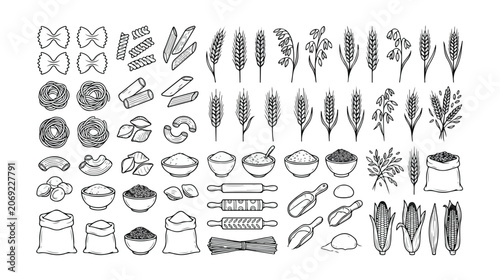 Foto Set of 100 Hand Drawn Flour and Pasta Ingredients Vector Icons