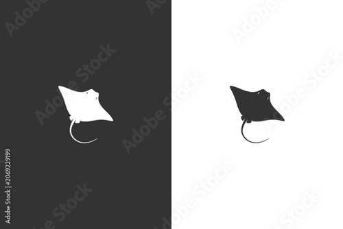 A minimalist graphic design featuring the silhouette of a stingray in motion, presented on both black and white backgrounds