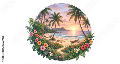 Serene Tropical Paradise Beach Haven with Hammock and Canoe inside Floral Wreath