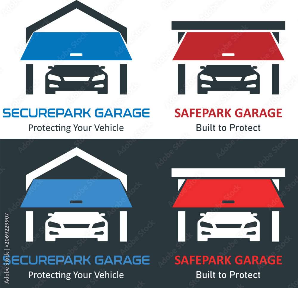 Obraz premium Garagenbau und Parkhaus Logo Set mit Auto, Garagentor, Securepark und Safepark Schriftzug