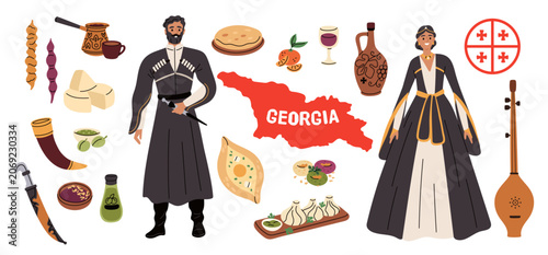 Georgian culture. Traditional national costumes, khachapuri, churchkhela, wine, folk music instrument, authentic cuisine elements, happy man and woman garish vector cartoon isolated set