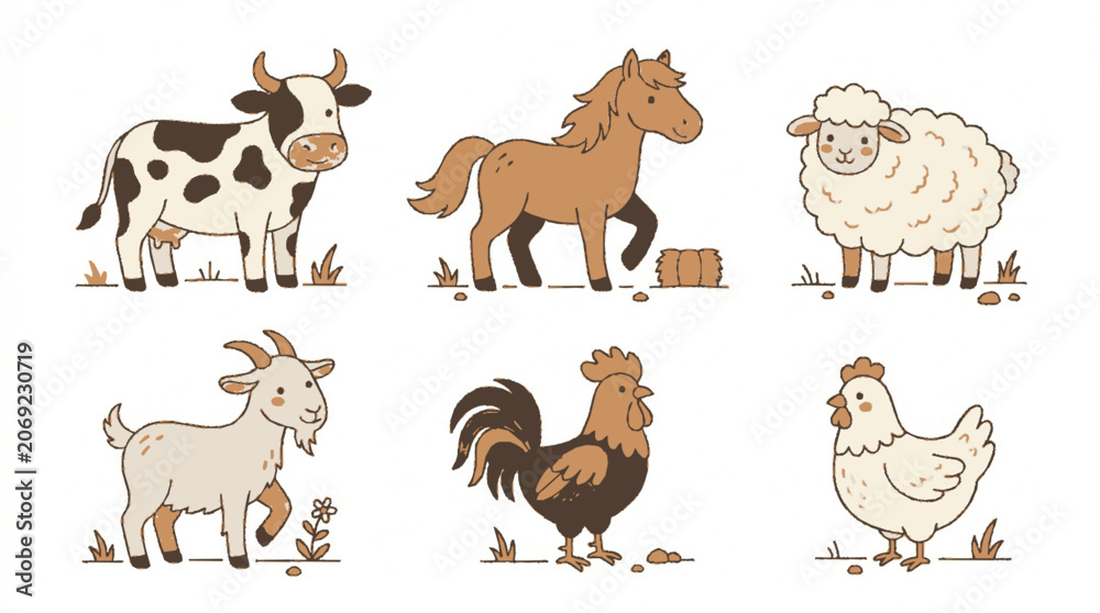 Fototapeta premium Animals Farm Set with Cow, Horse, Sheep, Goat, Rooster, and Hen in Cute Cartoon Style on White Background