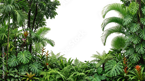 Tropical Jungle Border Frame Plant Foliage Isolated Transparent Background PNG Palm Monstera Fern Leaves Rainforest Tree Exotic Bush Nature Greenery