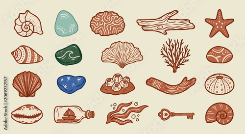 Vintage Linocut Style Ocean Nature Texture Set with Coral Reef and Seashell Doodles